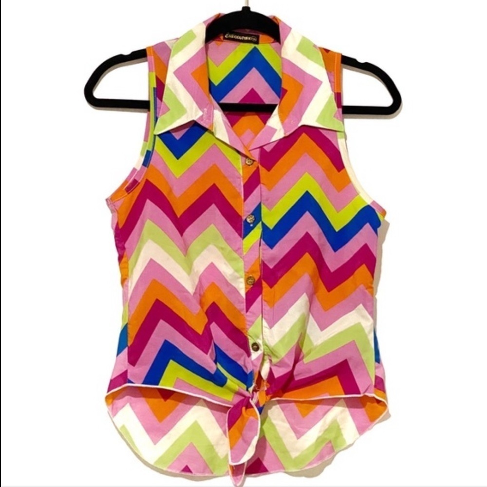 Esti Couture multi color tank blouse. Tie front.